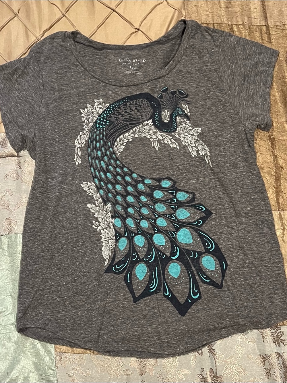Lucky Brand Gray Short-Sleeve Tee with Teal Peacock Graphic